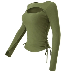 Olive green ribbed long sleeve yoga top with front cutout and side drawstring detail