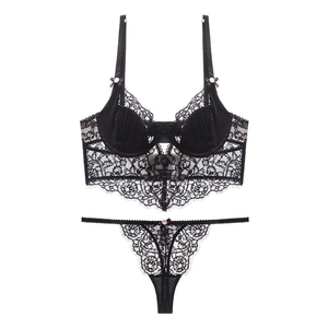 Franse Sexy Kant Lingerie Set Voor Vrouwen Beugel Bustier Beha En Mesh Thong Slips Elegant Floral Lingerie Top En Bottom