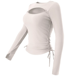 Slim fit cream rib-knit long sleeve yoga top with front cutout and side drawstrings
