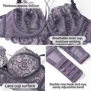 French purple lace bra set with 0.01cm ultra-thin cups and breathable floral pattern