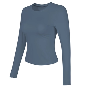 Top yoga a maniche lunghe blu grigio per corsa e allenamento fitness professionale