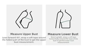 Size guide showing how to measure upper and lower bust for yoga sports bras