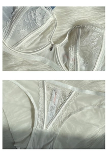 Detailed view of white floral lace embroidery on sheer mesh bra and matching panty set