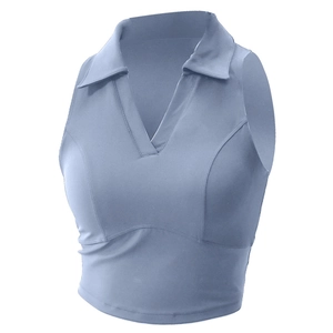 Soutien-Gorge de Sport Sans Manches pour Femmes Col Polo en V Nylon Élasthanne Haut Court Antichoc pour Yoga Course Tennis Fitness Entraînement Haut