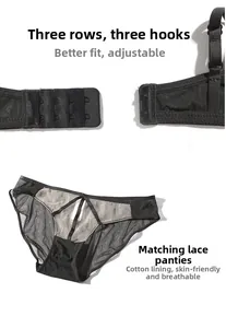 Detail of three-row hook closure and lace panties with cotton lining for women lingerie set