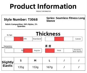 Size chart for quick-dry yoga top featuring slim fit and seamless stretch fabric details