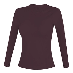 Close-up of moisture-wicking yoga top featuring thumbholes and ribbed knit fabric