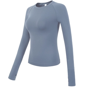 Slim fit long sleeve blue-grey workout top with thumb holes and crew neck for Pilates