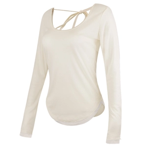 Women Slim Fit Long Sleeve Yoga Top Back Cross Strappy Breathable Gym Workout Shirt Polyester Viscose Sports Smock