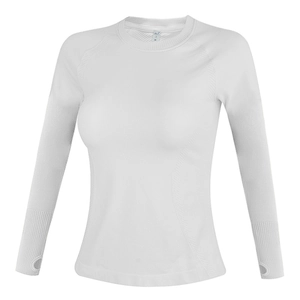 White slim-fit long sleeve yoga top with thumbholes and breathable textured sleeves
