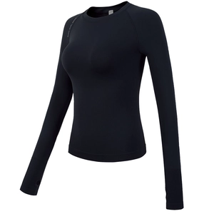 Slim fit black long sleeve pilates workout top with crew neck and thumb holes