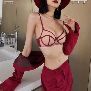 Women Sexy French Style Mesh Patchwork Lingerie Bra And Panty Geometric Hollow Thin Mold Cup Breathable Lingerie Suit