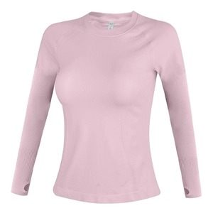 Pink slim fit long sleeve yoga top with thumb holes and breathable seamless knit texture