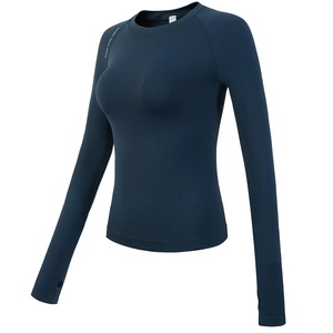 Slim fit navy blue long sleeve pilates top with round neck and thumbholes for workout