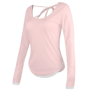 Pale pink long sleeve yoga top with open back cross straps and white trim detail