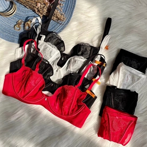 Lace embroidery lingerie set with floral patterns in red, black and white colors