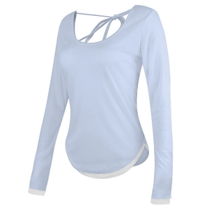 Slim fit light blue long sleeve yoga top with open back tie design and white trim detailing