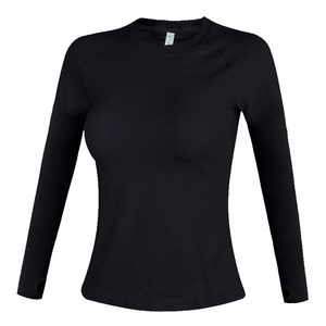 Slim fit long sleeve yoga top in black with thumb holes and breathable mesh texture