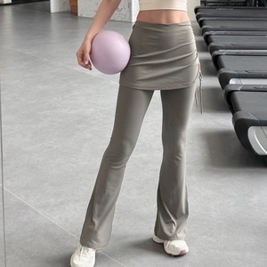 Women False Two-Piece Flared Yoga Pants Ruched Side Drawstring Layered Sporty Leggings High Waist Slimming Running Bottom