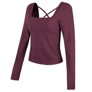 Haut de Yoga Femme Manches Longues Col Carré Coupe Slim Maille Côtelée T-Shirt de Sport Avec Coussinets Dos Croisé