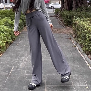 High waist wide leg yoga pants in grey with drawstring for fitness and casual wear