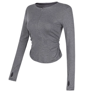 Women Slim Fit Yoga Top Nylon Blend Long Sleeve Half Zip Workout Top With Thumbholes Ruched Side Fitness Sports Apparel