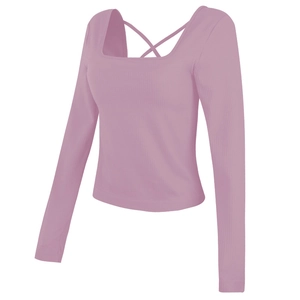 Haut de yoga à manches longues, col carré, rose poudré avec texture côtelée et dos croisé