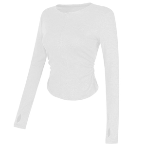 Slim fit white yoga top with quarter-zip, thumbholes and ruched waist design