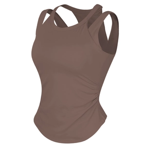 Soutien-gorge de sport marron à impact élevé avec col rond et détails froncés latéaux