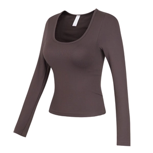 Haut de Yoga Côtelé Coupe Ajustée pour Femmes Manches Longues Col en U T-Shirt de Sport Rembourré Respirant pour Fitness et Musculation