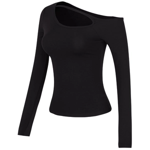 Women's black pilates yoga long sleeve top with asymmetrical cutout neckline design
