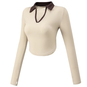 Women Slim Fit Ribbed Yoga Crop Top Long Sleeve Polo V Neck Workout Shirt With Thumbholes Breathable Fitness Running Tee