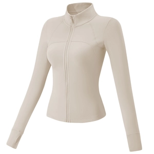 Veste de sport slim pour femme doublée polaire avec col montant et passe-pouces en beige