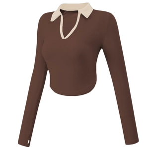 Slim-fit ribbed long sleeve polo top with contrasting collar for yoga and fitness