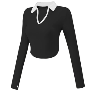 Women's slim fit long sleeve rib-knit yoga crop top with contrast polo collar