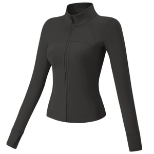 Veste de yoga thermique noire pour femme avec col montant et passe-pouces pour fitness