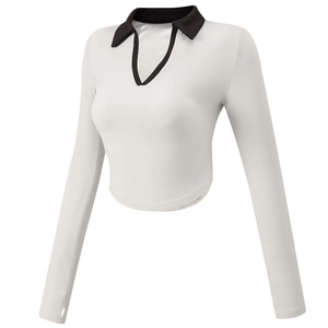 Women's slim fit long sleeve rib-knit yoga top with contrast polo collar and thumbholes