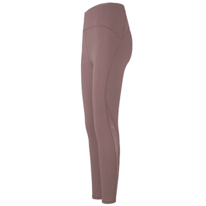 High-waisted dusty rose yoga pants with mesh panels and supportive wide waistband