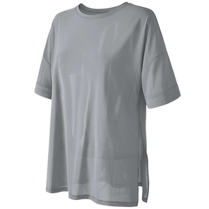 Top yoga in mesh grigio per donna con spalle scese e spacchi laterali traspiranti