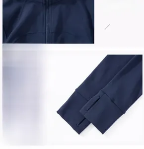 Détails de la veste de yoga bleu marine avec col montant zippé et poignets passe-pouces