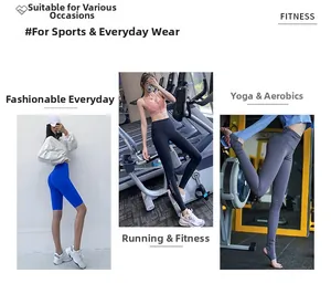 Detail van high-waist yogaleggings in blauw, zwart en grijs gemaakt van ademende sportstof