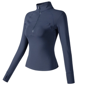 Haut de Yoga Demi-Zip Femme Moulant Manches Longues Veste de Sport Avec Passants Pouces Col Montant Séchage Rapide T-Shirt de Fitness