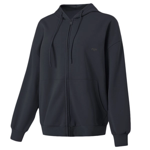 Vue détaillée du sweat à capuche gris foncé avec fermeture éclair et poignets côtelés