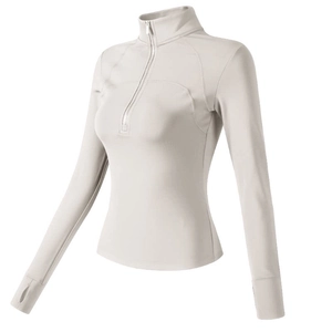 Veste de yoga cintrée à demi-zip beige clair avec passe-pouces et coutures de forme