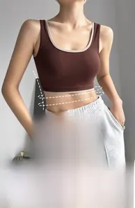 Detail of color-block high support sports bra with U-neck design and wide straps