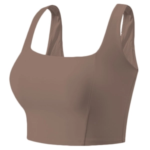 Brown square neck high support sports bra with breathable mesh lining for yoga fitness