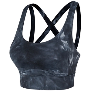 Cross-back high-impact sports bra featuring grey marble tie-dye print for yoga and gym