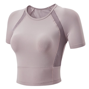 Women Mesh Stitching Short Sleeve Yoga T-Shirt Breathable Crop Top Slim Fit Running Workout Gym Activewear Sportswear
