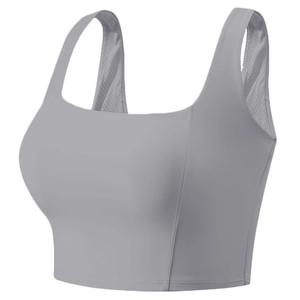 Gray high-impact sports bra with square neck and wide straps on white background