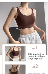 Detail view of color-block yoga bra showing side coverage and wide hem support